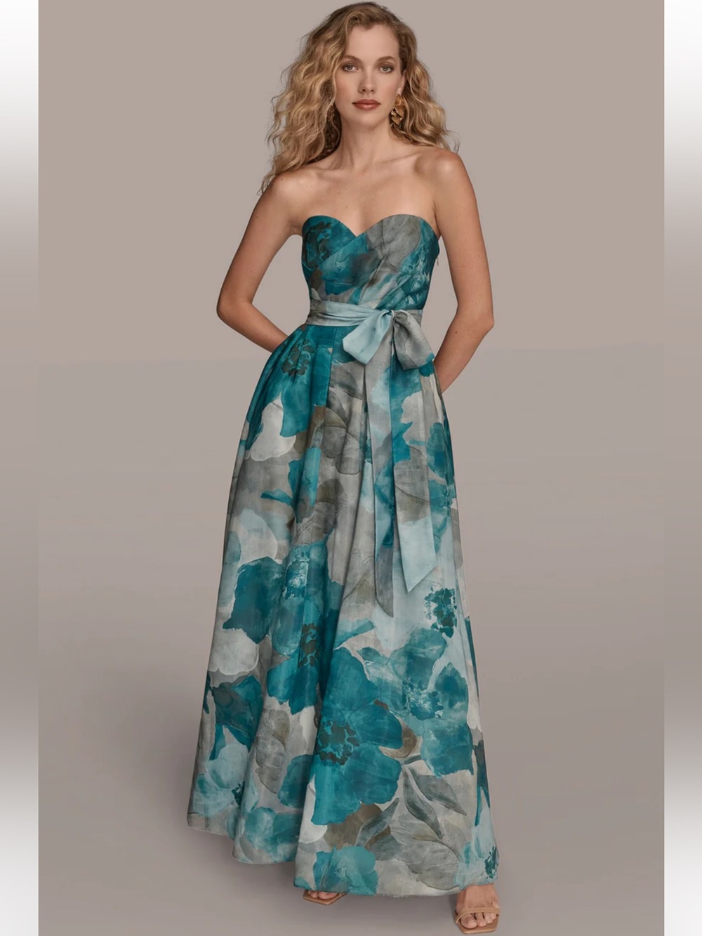 Donna Karan SZ 16 ORGANZA FLORAL STRAPLESS BELT BOW GOWN HUDSON MULTI-Teal NWT